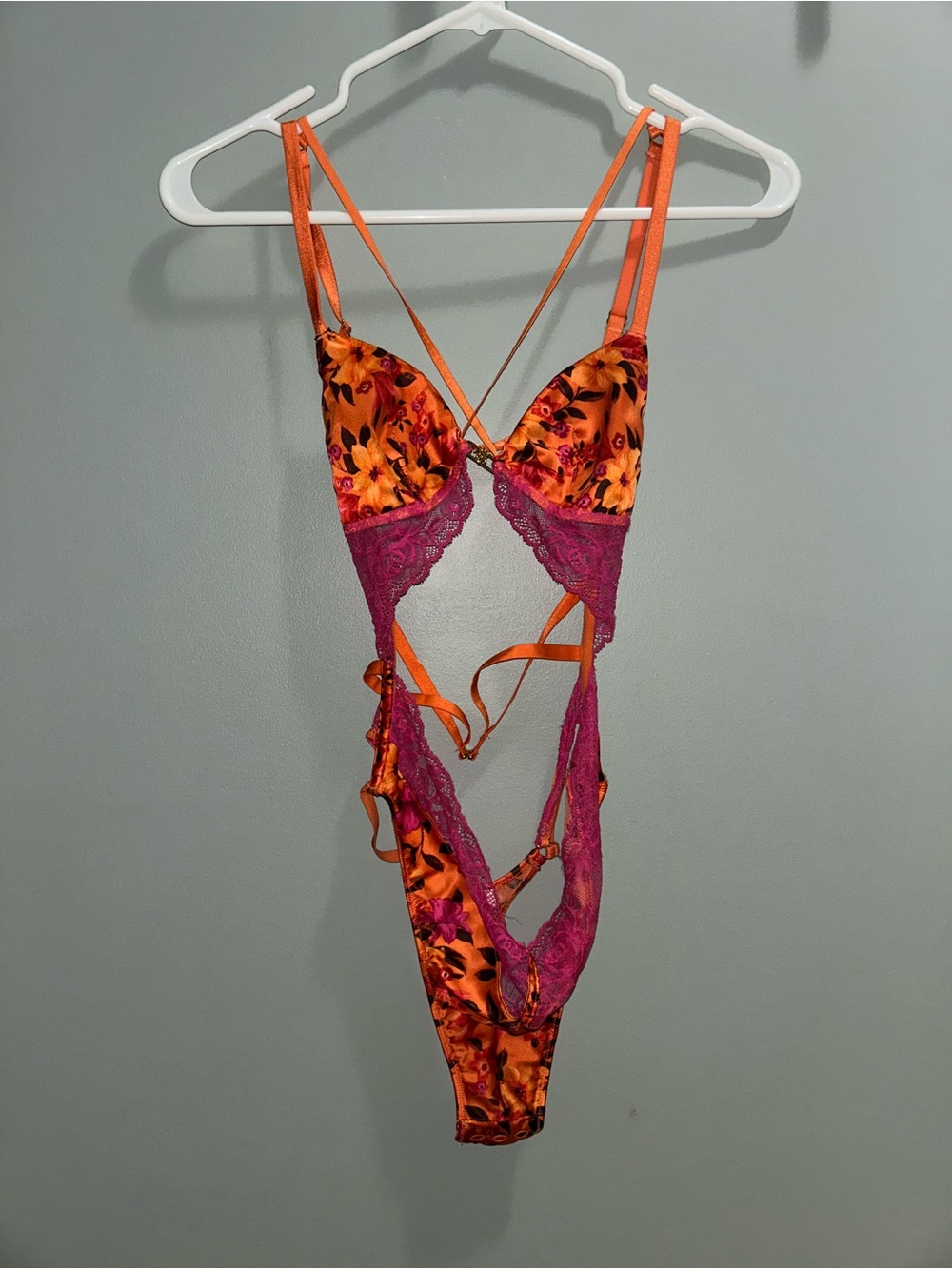 Floral Satin & Lace Strappy Teddy in Orange and Magenta